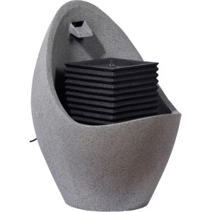 Großer, grauer Design-Gartenbrunnen in Ei-Form mit LED-Beleuchtung.