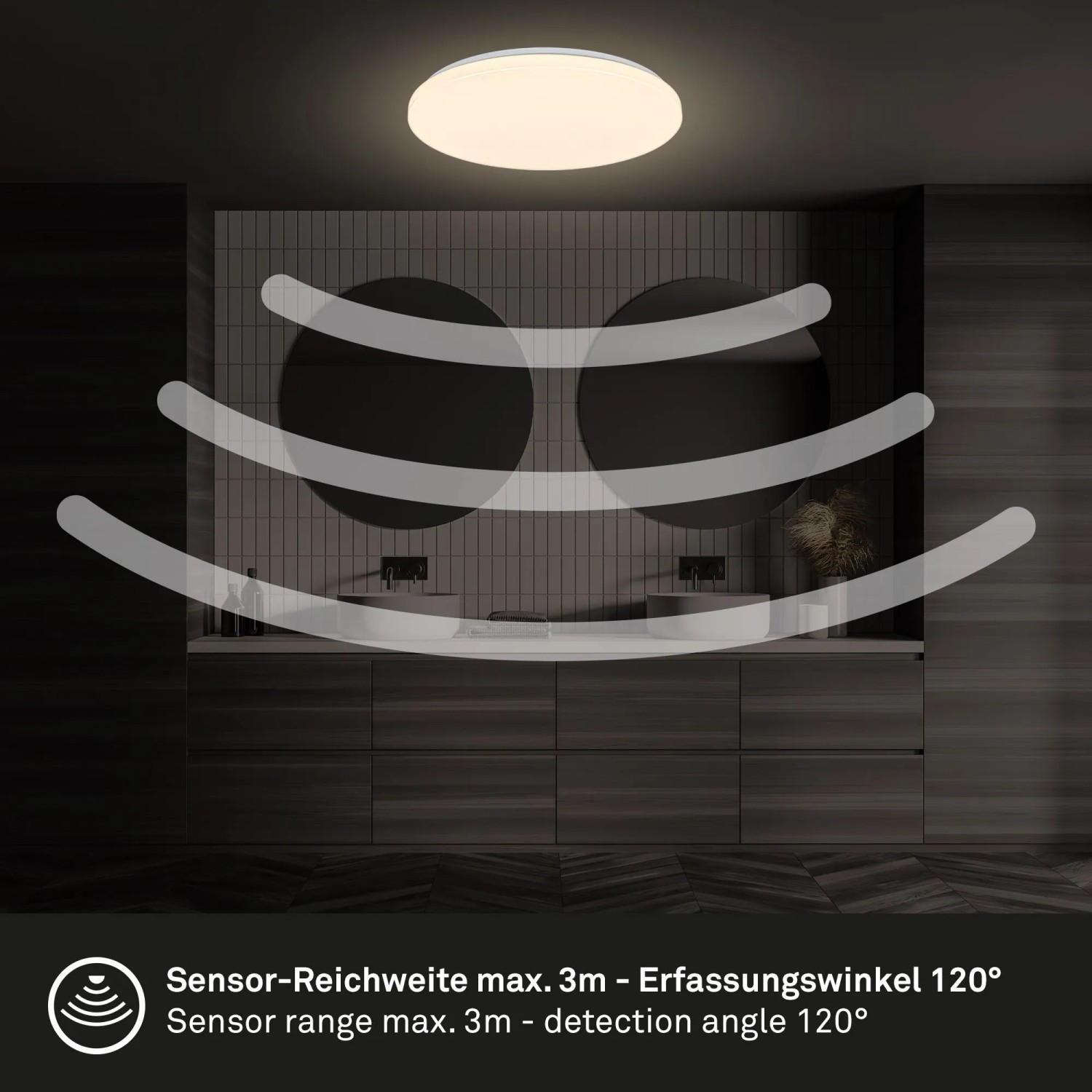 Weiße Brilo LED-Deckenleuchte Walk mit Bewegungsmelder in modernem Bad. Zeigt Sensorreichweite 3m und 120° Erfassungswinkel.