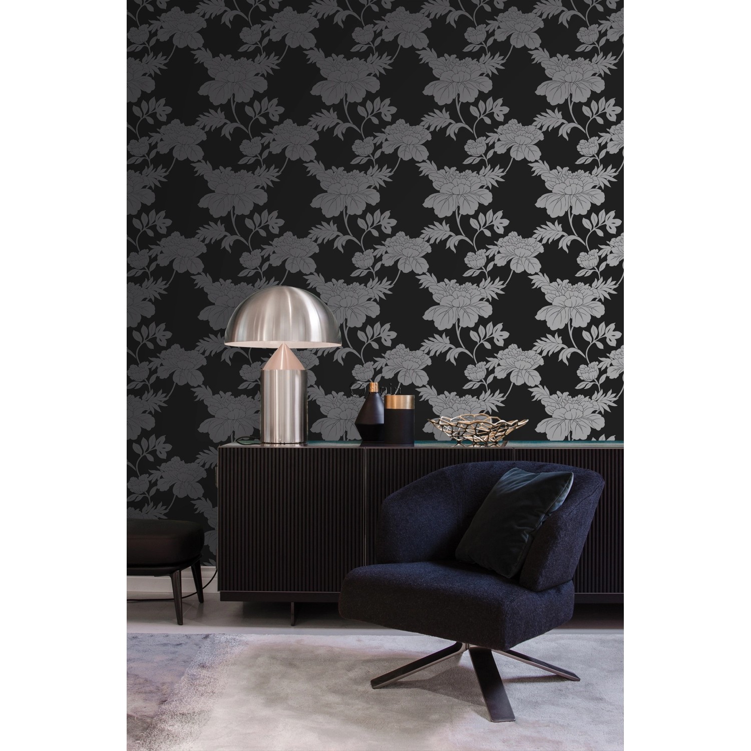 Origin Wallcoverings Tapete Blumen Schwarz 53 cm x 10,05 m 345927 günstig online kaufen