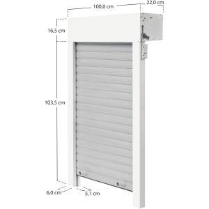 Schellenberg Aufsatzrolladen-Set, 100x120 cm, weißer Kasten, grauer Rolladenpanzer mit Maßangaben.