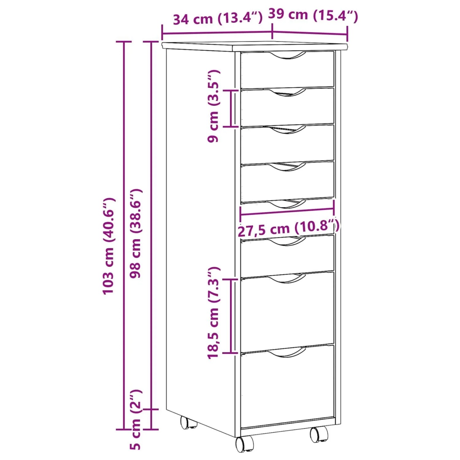 vidaXL Rollcontainer mit Schubladen MOSS Klarlack 34 x 39 x 103 cm 42032402_10