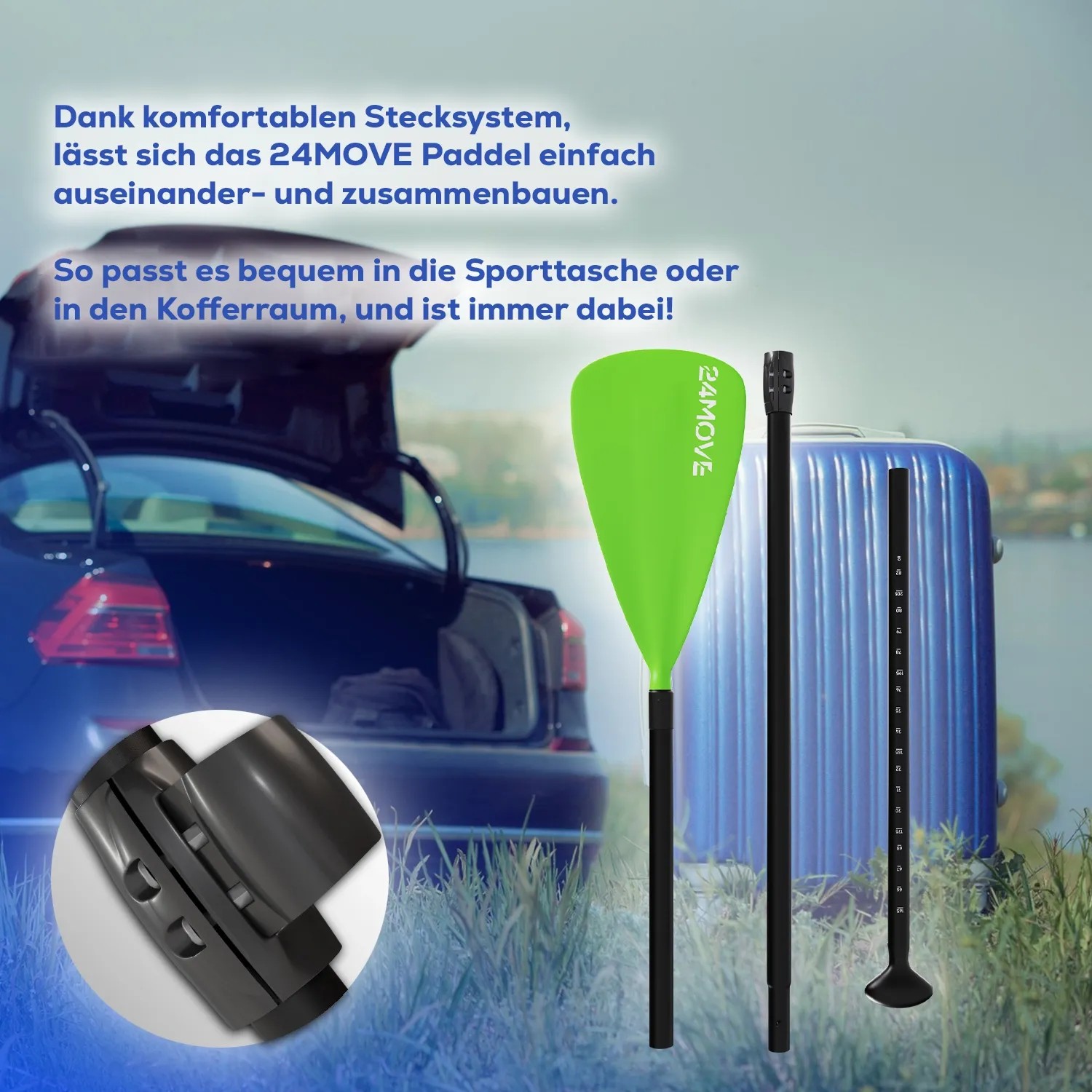 24MOVE SUP Paddel, grün, zerlegt vor Kofferraum und Koffer. Ideal für Stand Up Paddling.