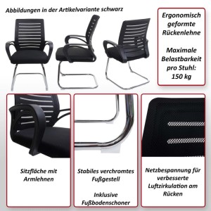Schwarzer Konferenzstuhl mit ergonomischer Netzrückenlehne, Armlehnen, verchromtem Gestell. Belastbar bis 150kg, inkl. Bodenschoner.