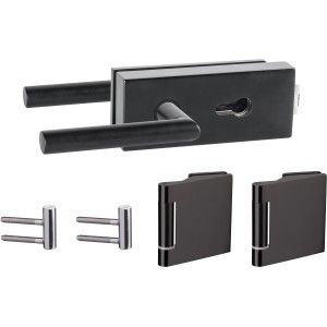 Beschlag-Set für Glasdrehtüren, Quadrat Alpha, Profilzylinder, matt schwarz, inklusive Drücker und Bänder.