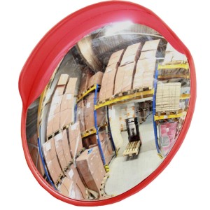 Runder TRUTZHOLM Sicherheitsspiegel, 60 cm, mit schwenkbarer Halterung, zeigt Lagerhalle.