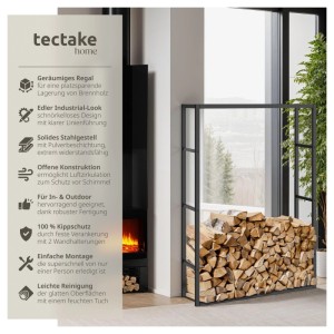 Schwarzes Tectake Kaminholzregal Tuby im Industrial Look mit Holzscheiten gefüllt.
