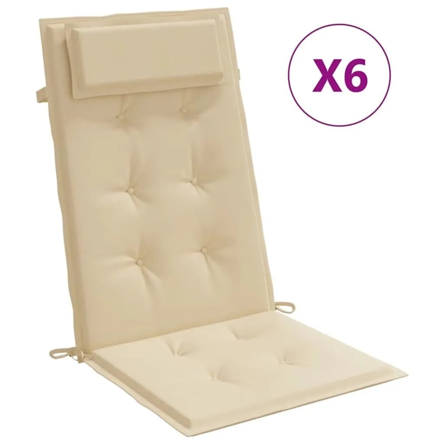 Sechs beige Hochlehner-Auflagen aus Oxford-Gewebe mit Kopfpolster und Steppung für Gartenstühle.