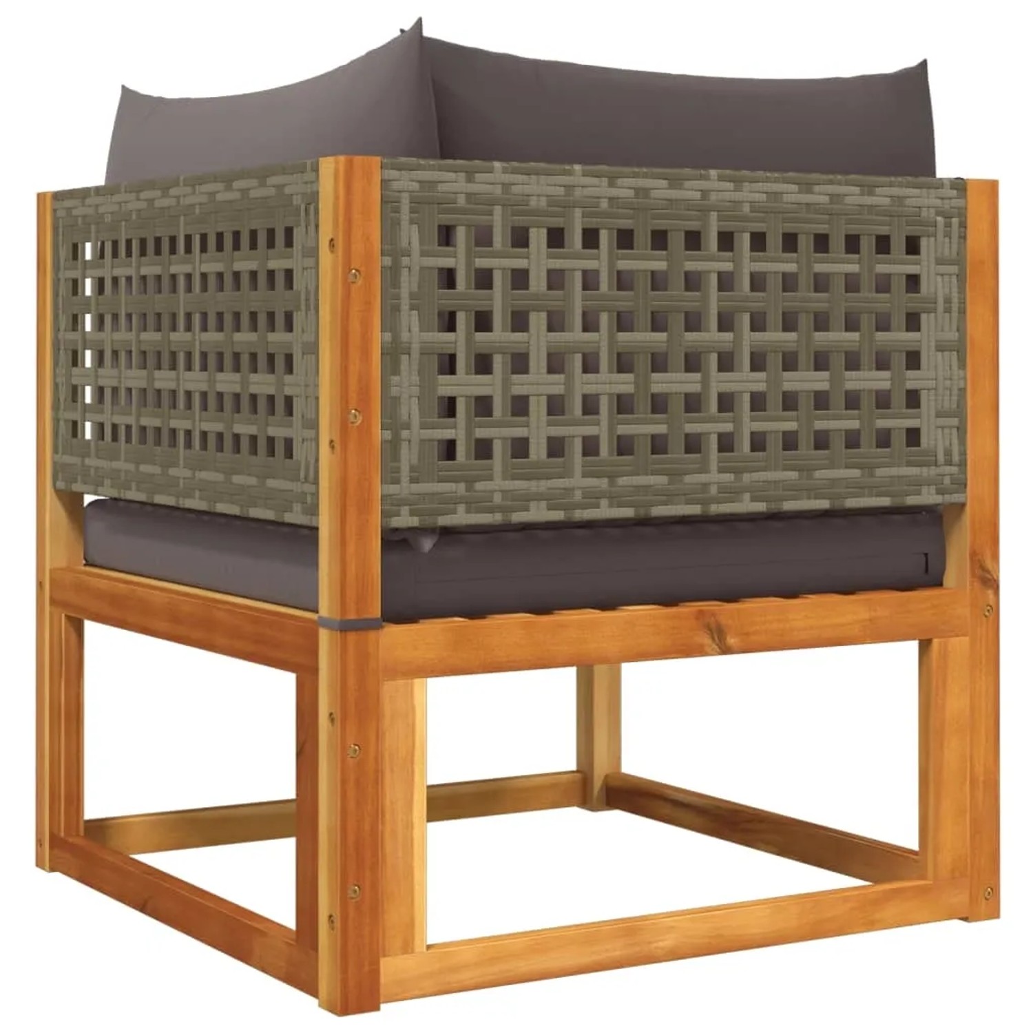 Gartenmöbel: Akazienholz Sofa mit grauem Rattan und Kissen, Teil der vidaXL 10-tlg Garnitur.