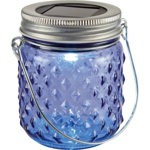 Lila Solar LED Glas, 7x8cm, mit Henkel. Dekorative Solarleuchte für Garten und Balkon.