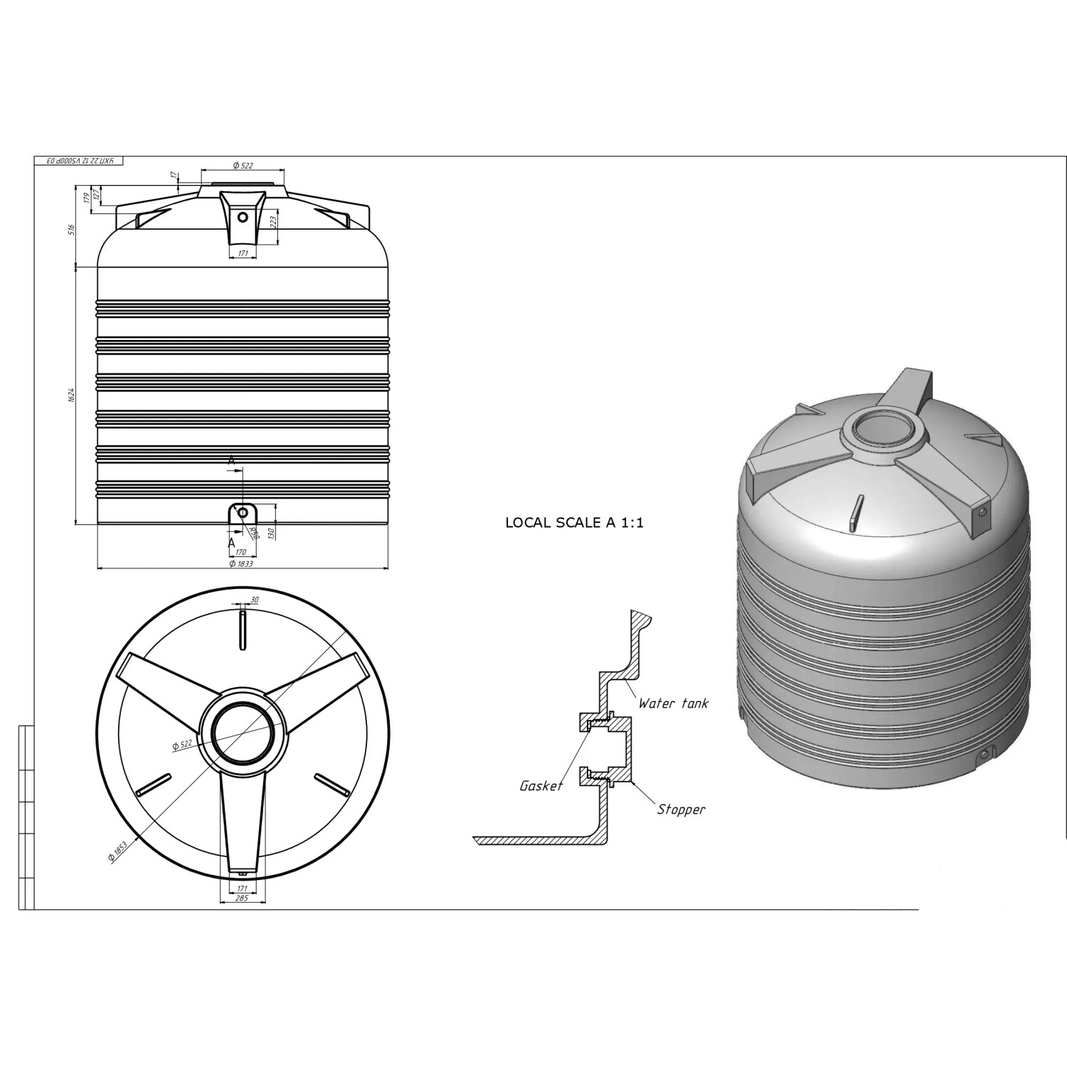 Technisches Diagramm und 3D-Modell des KMND 5000L Trinkwasser Wassertanks, zylindrisch, gerippt.