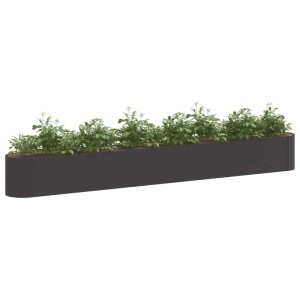 Schwarzes vidaXL Hochbeet aus Stahl, 360 cm lang, mit runden Kanten und Pflanzen. Für Garten.