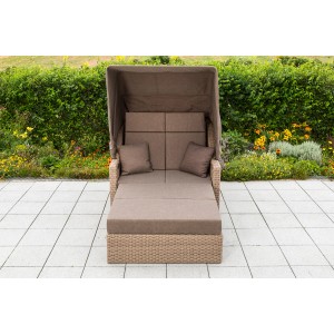 Gartenbank Rimini Natur mit Hülle, Lounge-Gartenmöbel aus Polyrattan mit Dach und Kissen.
