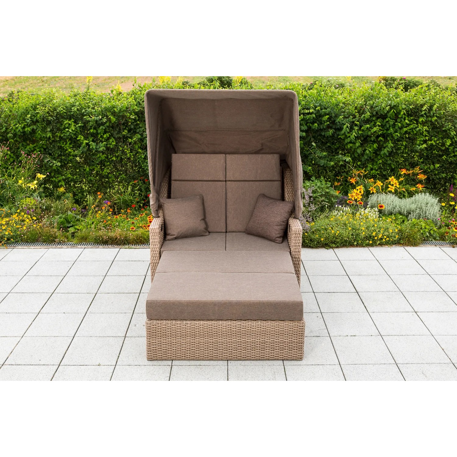 Gartenbank Rimini Natur mit Hülle, Lounge-Gartenmöbel aus Polyrattan mit Dach und Kissen.