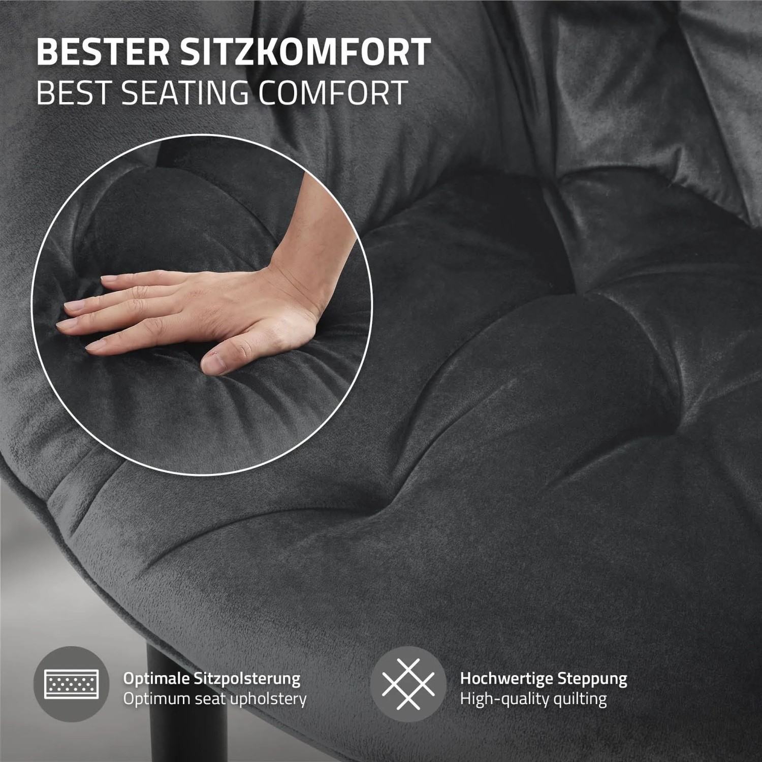 Hand drückt in anthrazitfarbenen Samtstoff, zeigt Komfort & Steppung der ML-Design Esszimmerstühle.