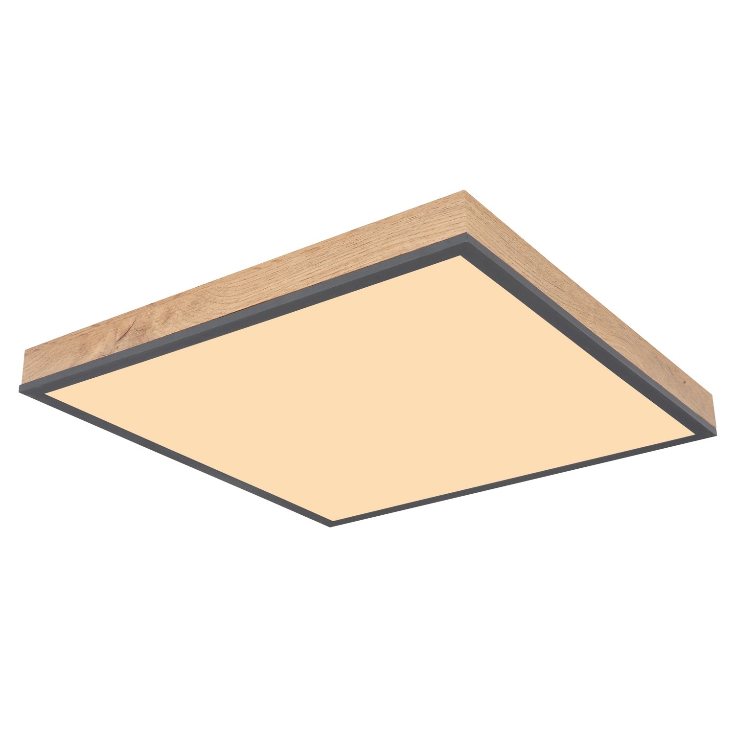 Quadratische LED-Deckenleuchte Doro in Holzfarben/Graphit, 45x45 cm. Dimmbar mit Fernbedienung.