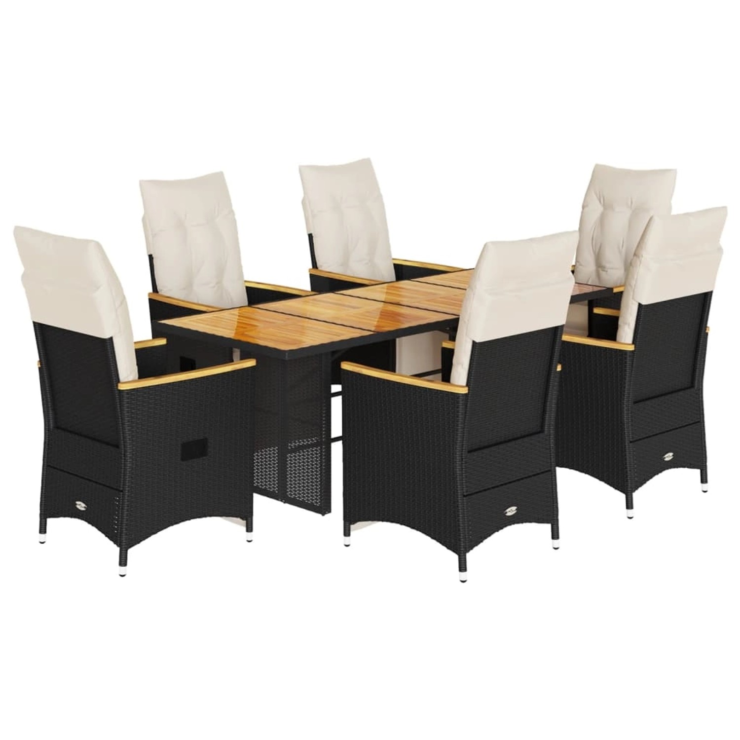 7-teiliges Garten-Bistro-Set aus schwarzem Rattan mit cremefarbenen Kissen und Akazienholztischplatte.