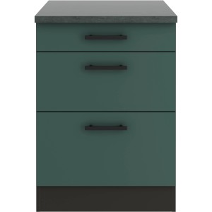 OPTIFIT Verona405 Unterschrank, 60 cm, Steingrün mit 3 Schubladen und anthrazitfarbener Arbeitsplatte.