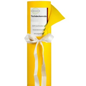 Gelbe Sensalux Vlies-Tischdeckenrolle (1,5 x 25 m) mit weißer Schleife.