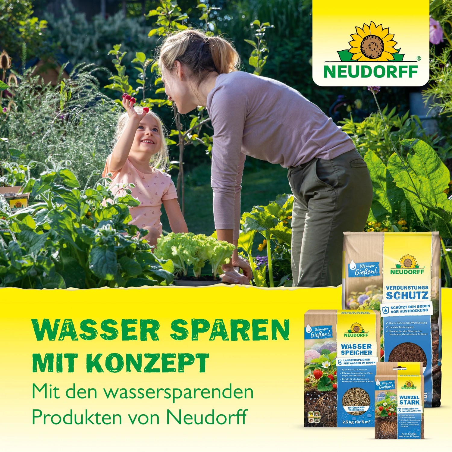 Neudorff Verdunstungsschutz 65l: Mutter und Tochter im Garten, umgeben von Neudorff Pflanzerde Produkten.
