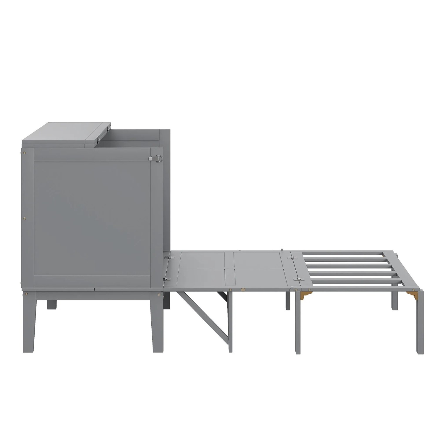 Graues Merax Schrankbett 90x200cm, teilweise ausgeklappt, zeigt Lattenrost. Platzsparendes Wandbett.