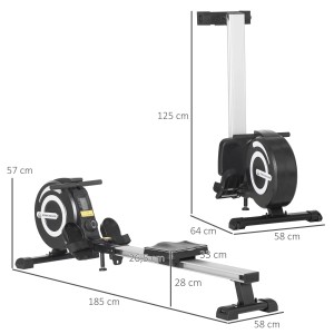 HOMCOM Rudergerät in Schwarz und Silber mit Maßangaben für Sport und Fitness.