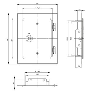 Technische Zeichnung: H&M Germany Edelstahl Kamintür 200x140mm mit Maßen für Schornsteinreinigung.