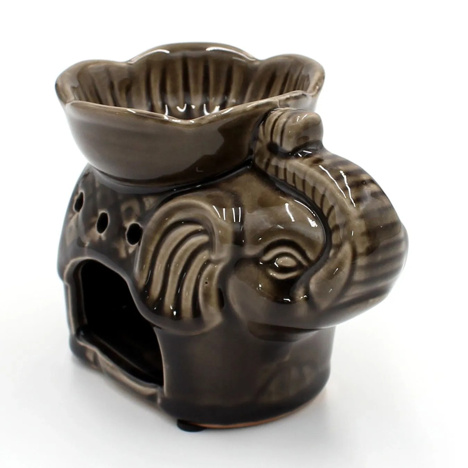 Braune Keramik Duftlampe in Elefantenform mit Schale für Duftöl und Öffnung für Teelicht. Ideal als Aromalampe.