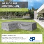 Graue Schutzhülle für eine L-förmige Gartenmöbel-Lounge, geeignet für Sonnenschirme bis Ø 350 cm.