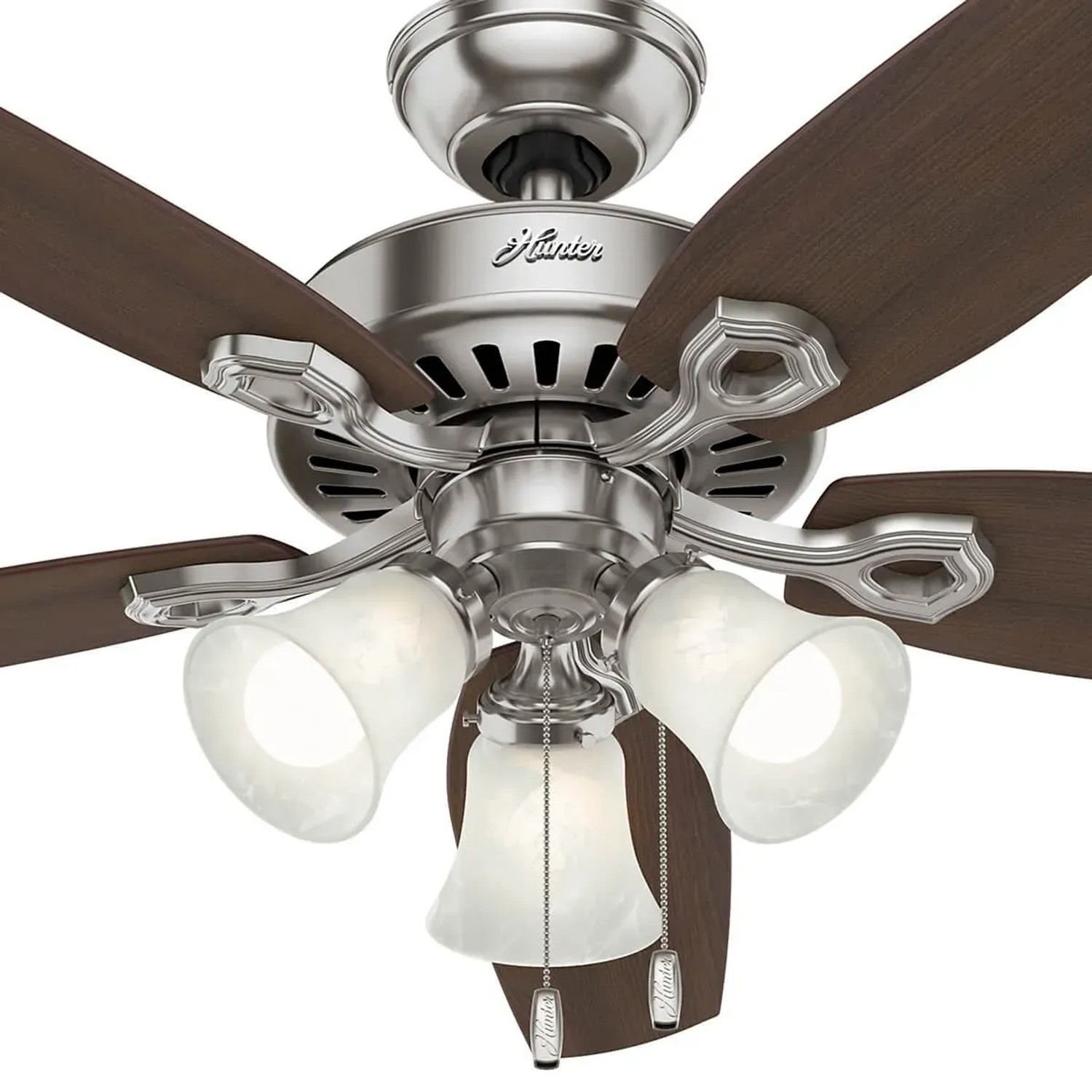 HUNTER Deckenventilator Builder Plus, 132 cm, Nickel gebürstet, mit Leuchten und Zugketten.