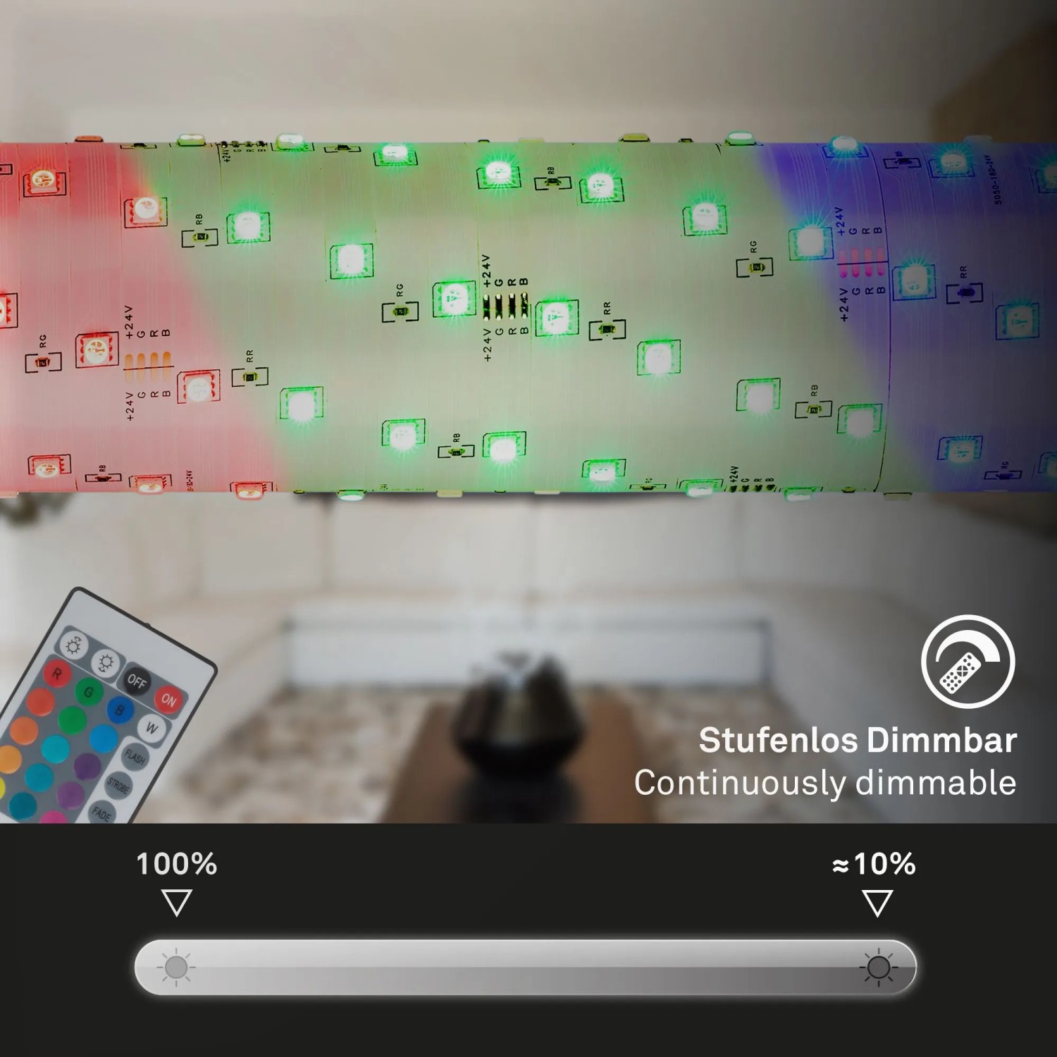 Brilo LED-Strip RGB, 20 m, mit Fernbedienung, Farbwechsel, selbstklebend und kürzbar.