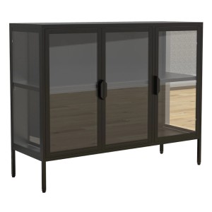ebuy24 FlokaL Vitrinenschrank, 3-türig, schwarz, mit Glasfronten und schlanken Füßen.