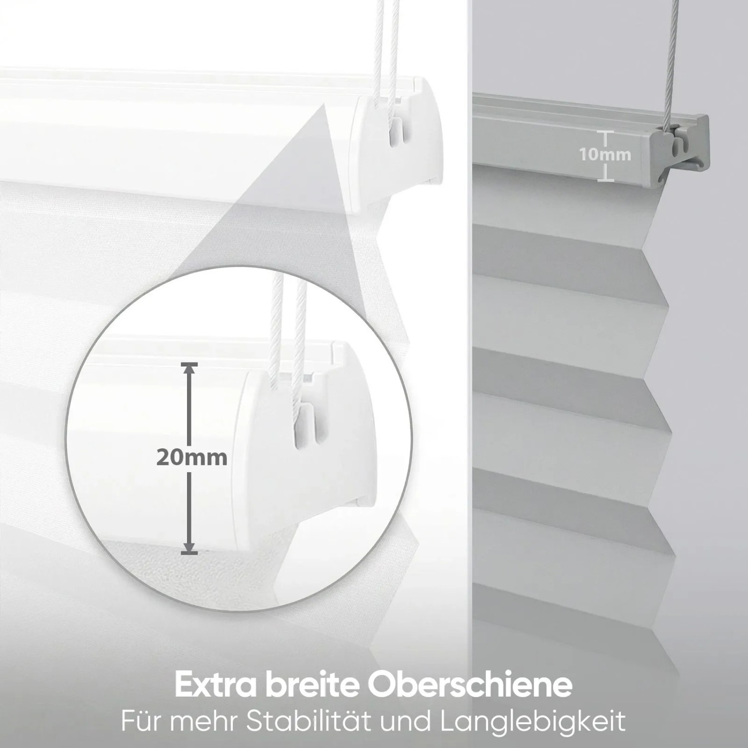 Detailaufnahme: Weißes Sekey Plissee mit Klemmfix-Montage und extra breiter Oberschiene.