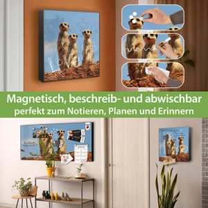 Schwarzer Metall Schlüsselkasten 30x30cm mit Erdmännchenfamilie Motiv. Magnetisch, beschreibbar & abwischbar für Notizen.