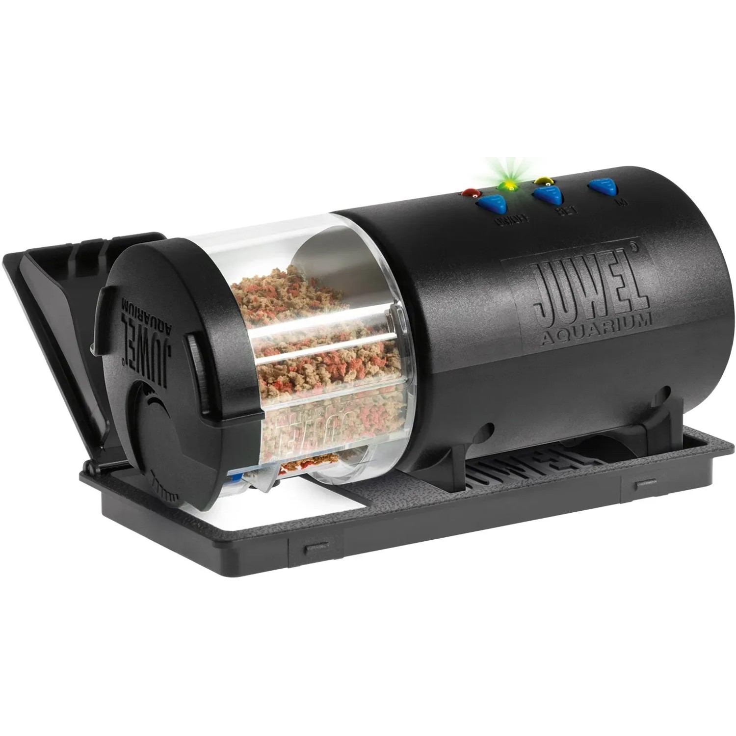 Juwel Easy Feed Futterautomat für Aquarien, schwarzes Gehäuse mit Futter.