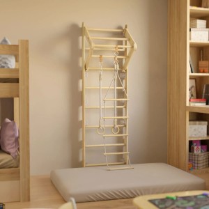 Juskys Sprossenwand aus Holz mit Turnringen und Strickleiter für Kinder im Kinderzimmer.