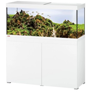 Eheim VivalineLED Aquarium-Kombination 240 l in Weiß mit Unterschrank, LED-Beleuchtung, Felsen und Pflanzen.