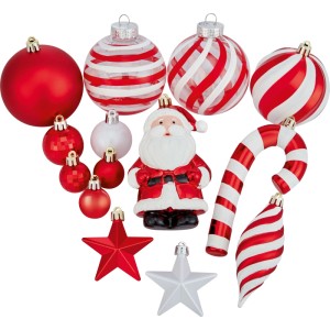 14-teiliges Weihnachtsbaumschmuck-Set in Rot/Weiß mit Kugeln, Weihnachtsmann, Zuckerstange und Sternen.