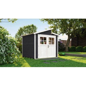Modernes, anthrazitfarbenes Weka Holz-Gartenhaus mit Pultdach und Doppeltür im Garten.