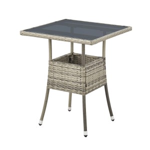 Quadratischer, grauer Juskys Gartentisch Yoro aus Polyrattan mit Glasplatte, 60x60 cm.