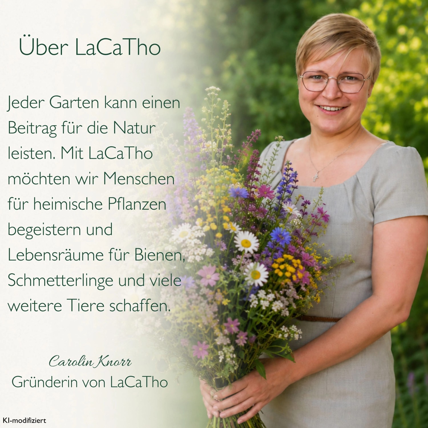 Frau hält bunten Strauß Wildblumen, die Nektar & Pollen bieten. Ideal für Bienenweide und Greening-Flächen.