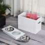 Weißer PawHut Fressnapf mit zwei Edelstahlnäpfen und separater offener Aufbewahrungsbox für Tierfutter.