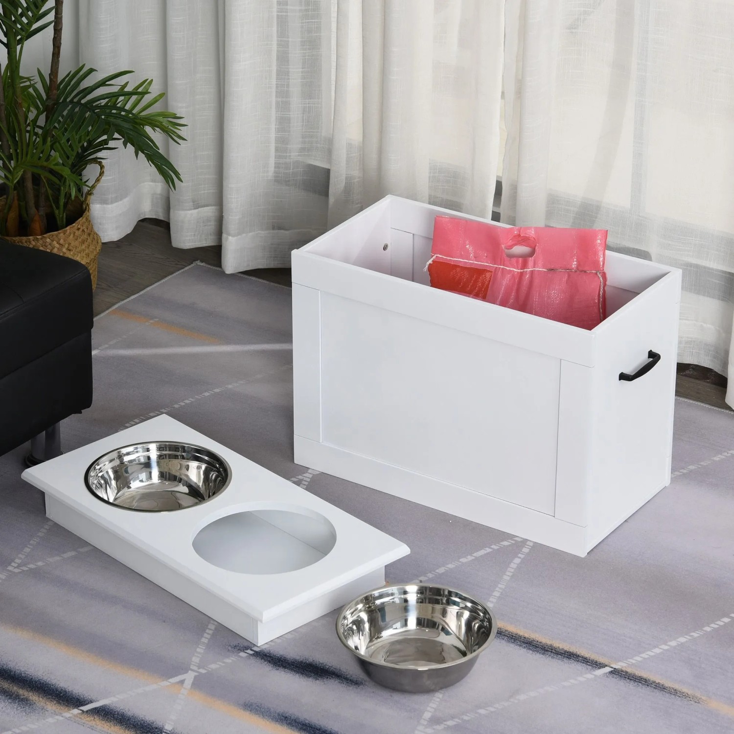 Weißer PawHut Fressnapf mit zwei Edelstahlnäpfen und separater offener Aufbewahrungsbox für Tierfutter.