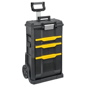 Stanley Rollende Werkstatt Stanley II, schwarz mit gelben Schubladen, Teleskopgriff und Rädern. Modularer Werkstattwagen.