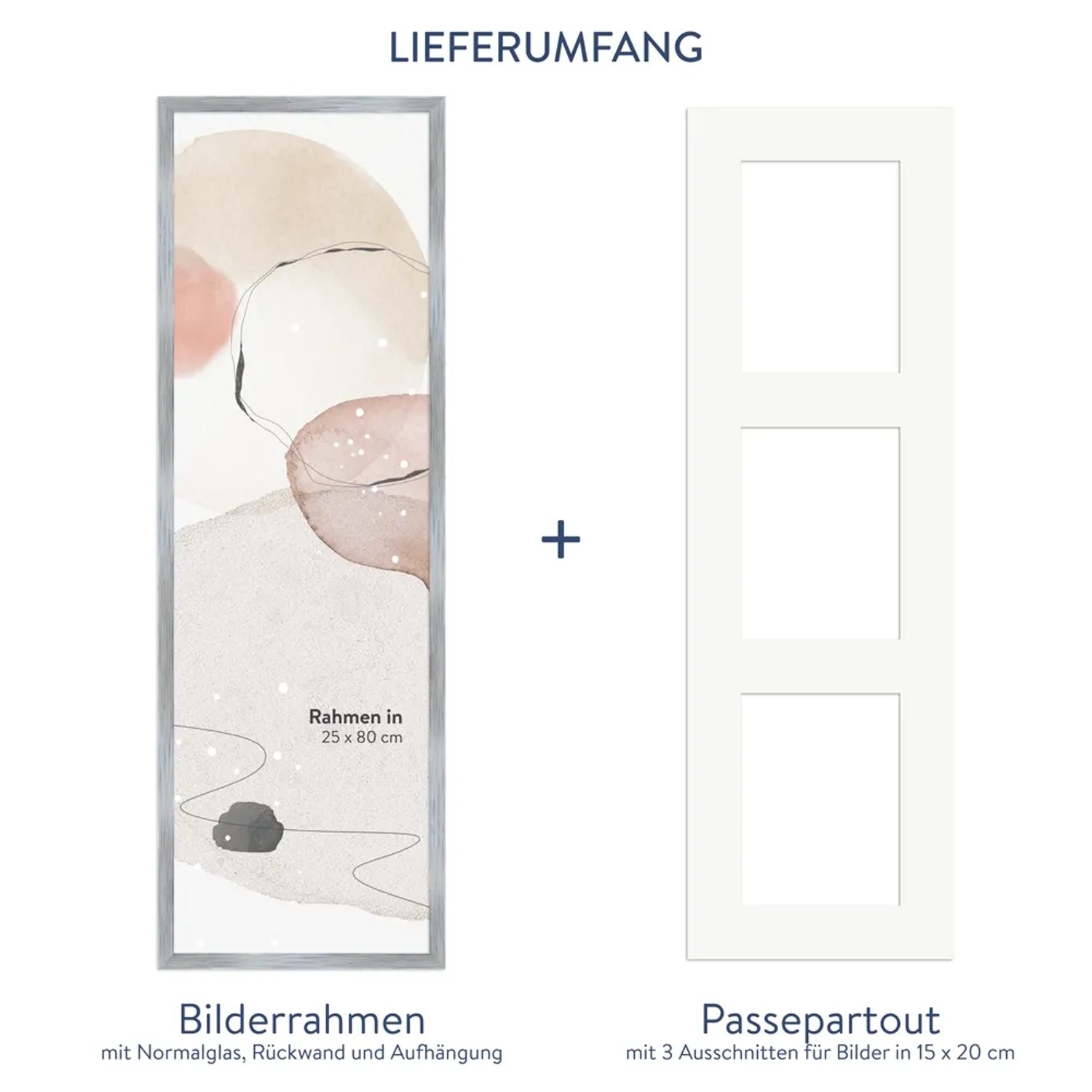 Silberner WANDStyle Galerierahmen für 3 Fotos (15x20 cm) mit Passepartout.