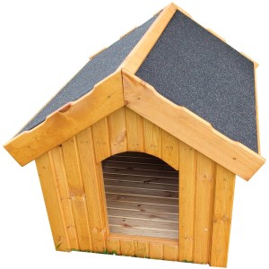 Braune Promadino Hundehütte aus Kiefernholz mit Satteldach und isolierten Wänden.