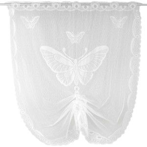 Weiße Bistrogardine mit Schmetterlings-Stickerei und Stangendurchzug für Fenster, 100x160 cm.