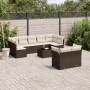 Braune 10-tlg. vidaXL Garten-Sofagarnitur aus Poly Rattan mit cremefarbenen Kissen.