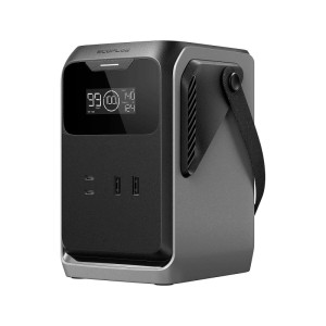 EcoFlow Powerstation Trail 200 DC Mobil: Kompakte, dunkelgraue Powerstation mit Display, USB-C/A Anschlüssen und Tragegriff.