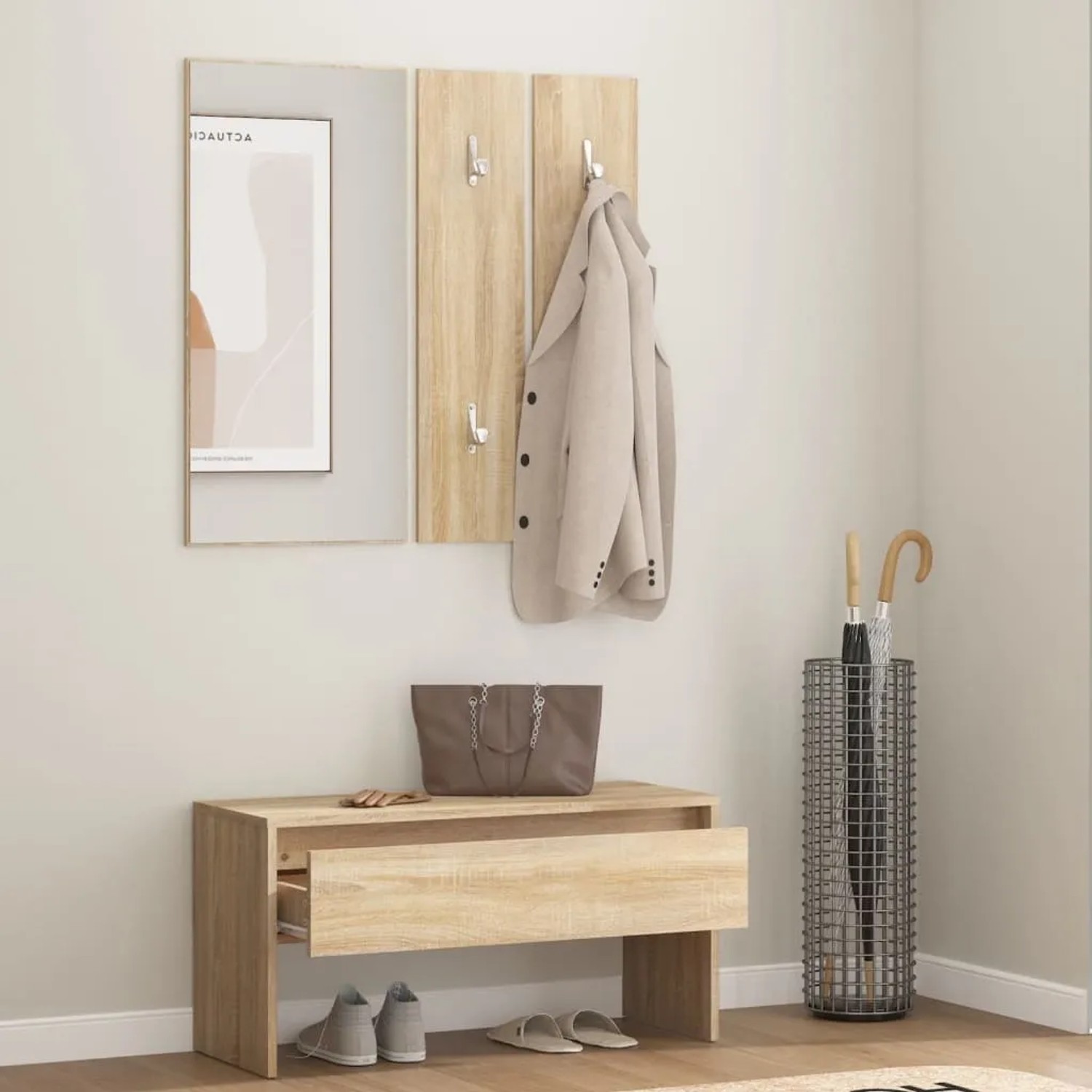 vidaXL Flurmöbel-Set Sonoma-Eiche mit Bank, Spiegel und Garderobe. Holzoptik für den Eingangsbereich.
