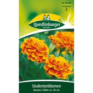 Quedlinburger Studentenblumen 'Bolero' mit orange-roten Blüten auf der Samenpackung.